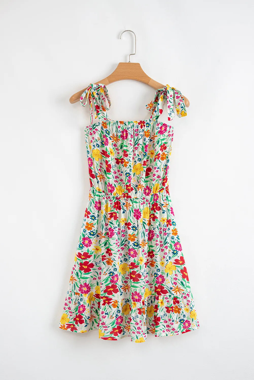 Floral Knotted Straps Cinched Waist Ruffle Hem Mini Dress.