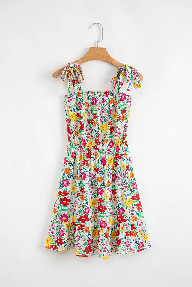Floral Knotted Straps Cinched Waist Ruffle Hem Mini Dress.