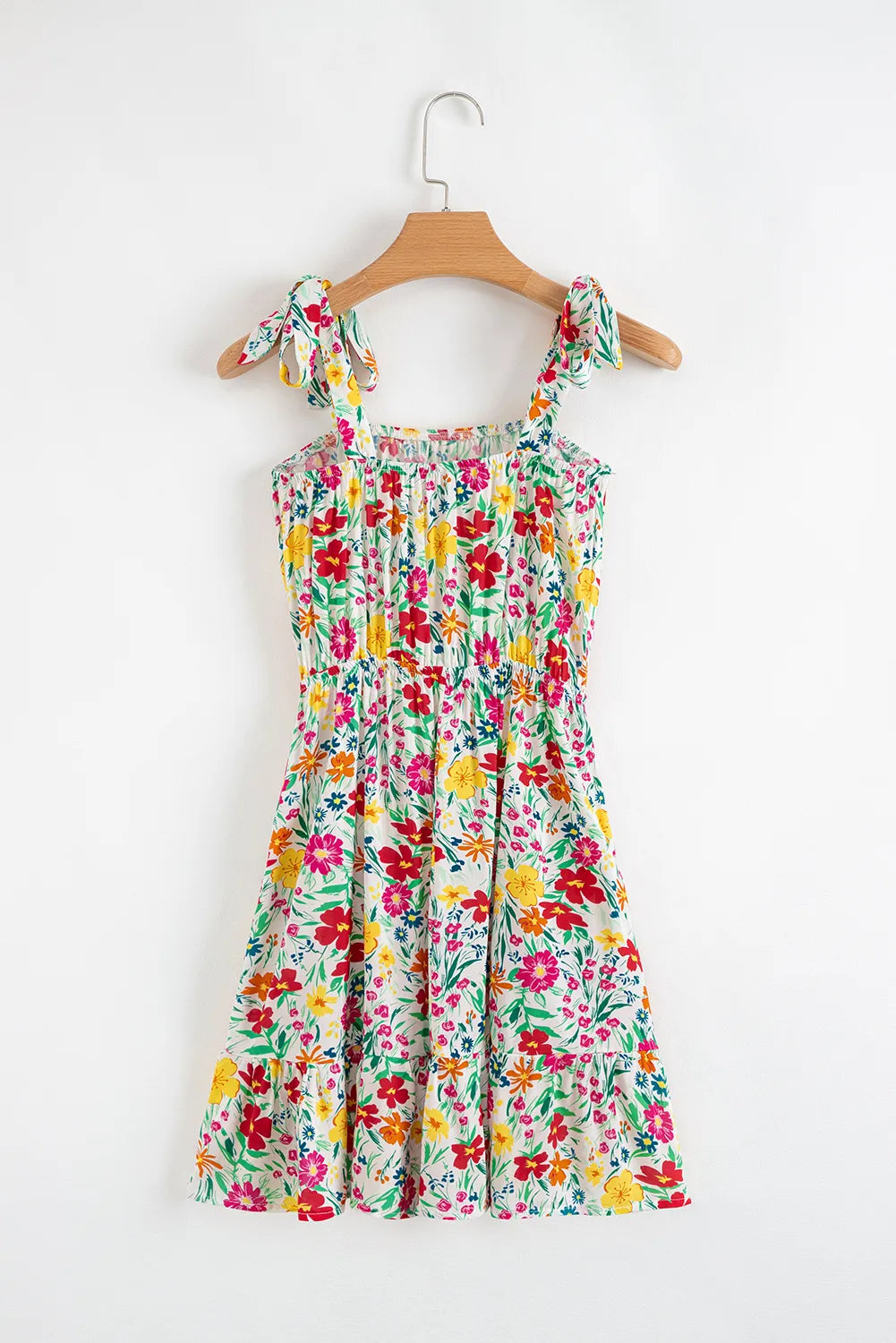 Floral Knotted Straps Cinched Waist Ruffle Hem Mini Dress.