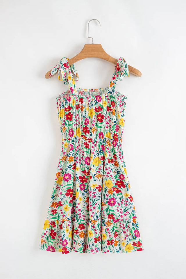 Floral Knotted Straps Cinched Waist Ruffle Hem Mini Dress.