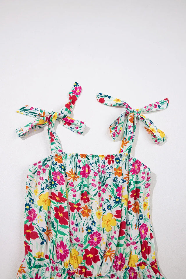 Floral Knotted Straps Cinched Waist Ruffle Hem Mini Dress.