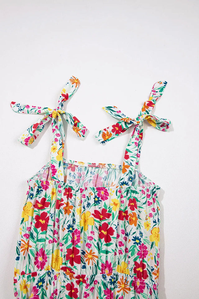 Floral Knotted Straps Cinched Waist Ruffle Hem Mini Dress.