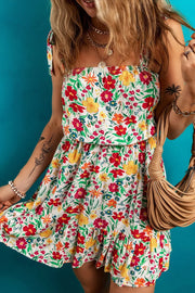 Floral Knotted Straps Cinched Waist Ruffle Hem Mini Dress.
