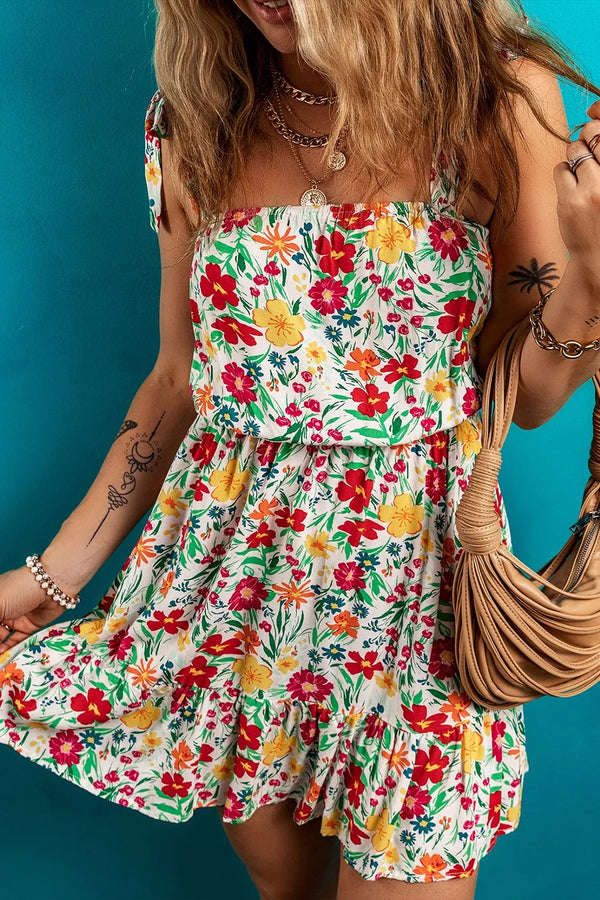 Floral Knotted Straps Cinched Waist Ruffle Hem Mini Dress.