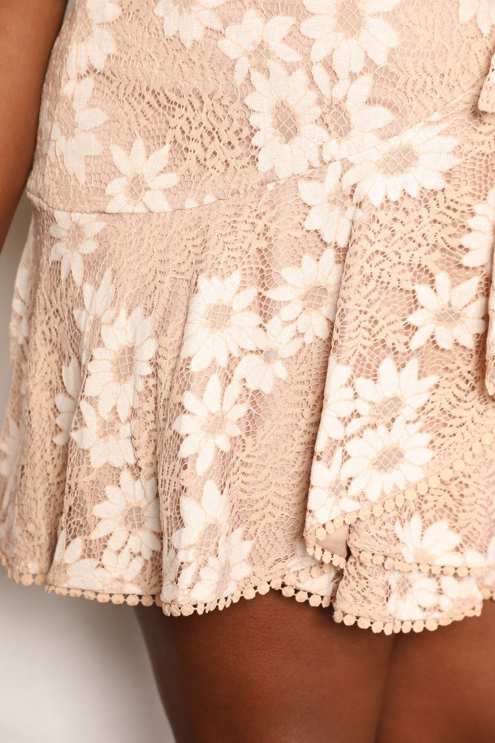 Double Take Floral Lace Pompom Detail Tie-Waist Flutter Sleeve Dress.