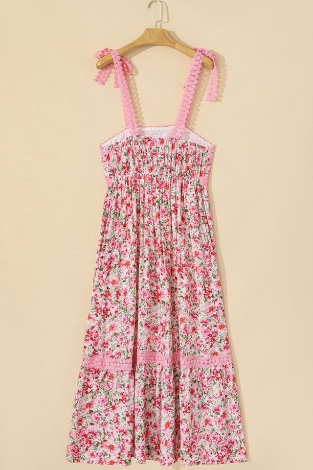 Floral Lace Tied Strap Square Neck Dress with Pockets.