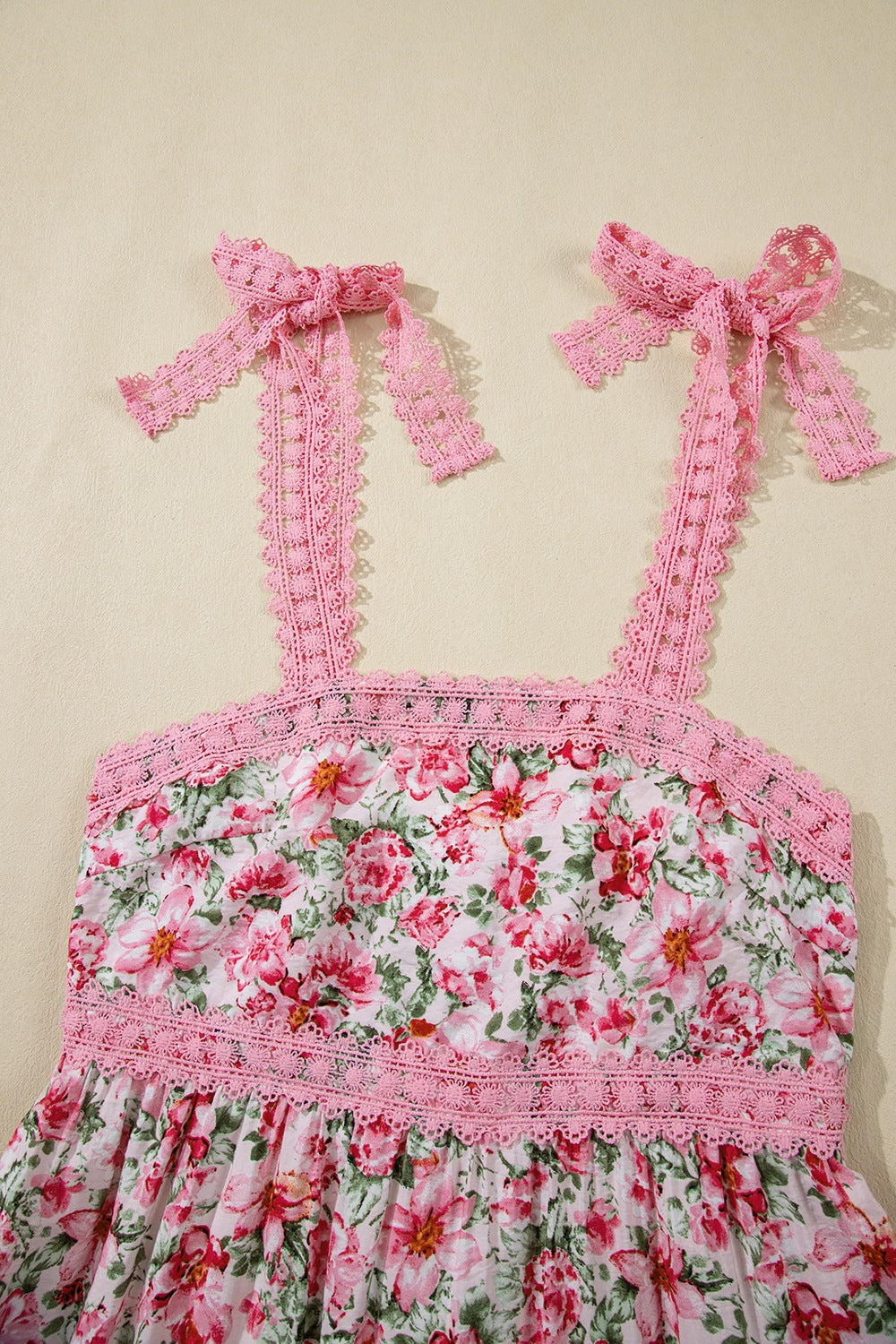 Floral Lace Tied Strap Square Neck Dress with Pockets.
