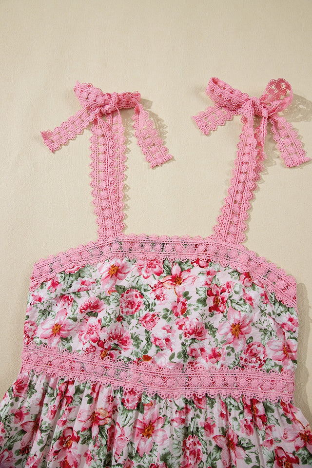 Floral Lace Tied Strap Square Neck Dress with Pockets.
