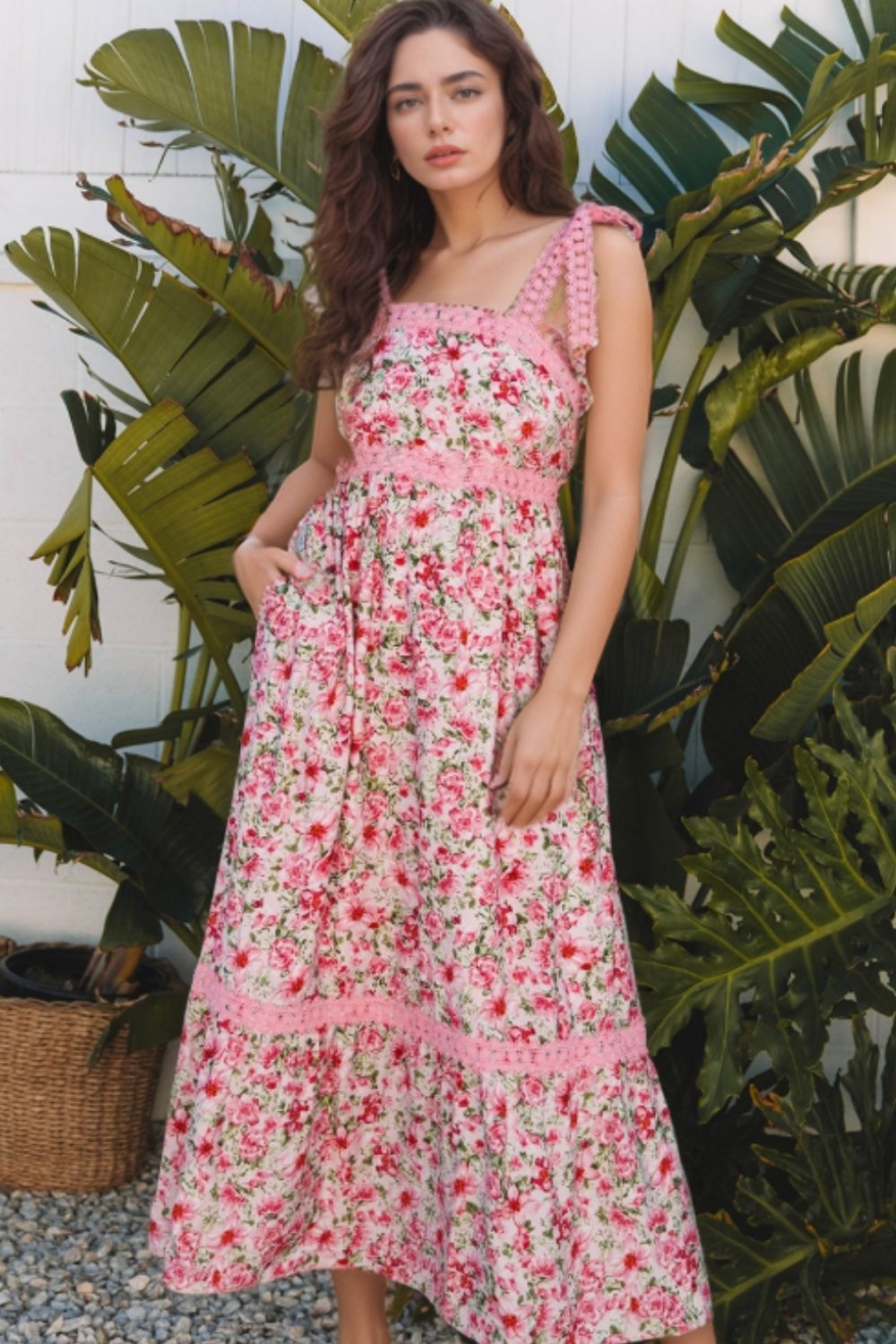 Floral Lace Tied Strap Square Neck Dress with Pockets.