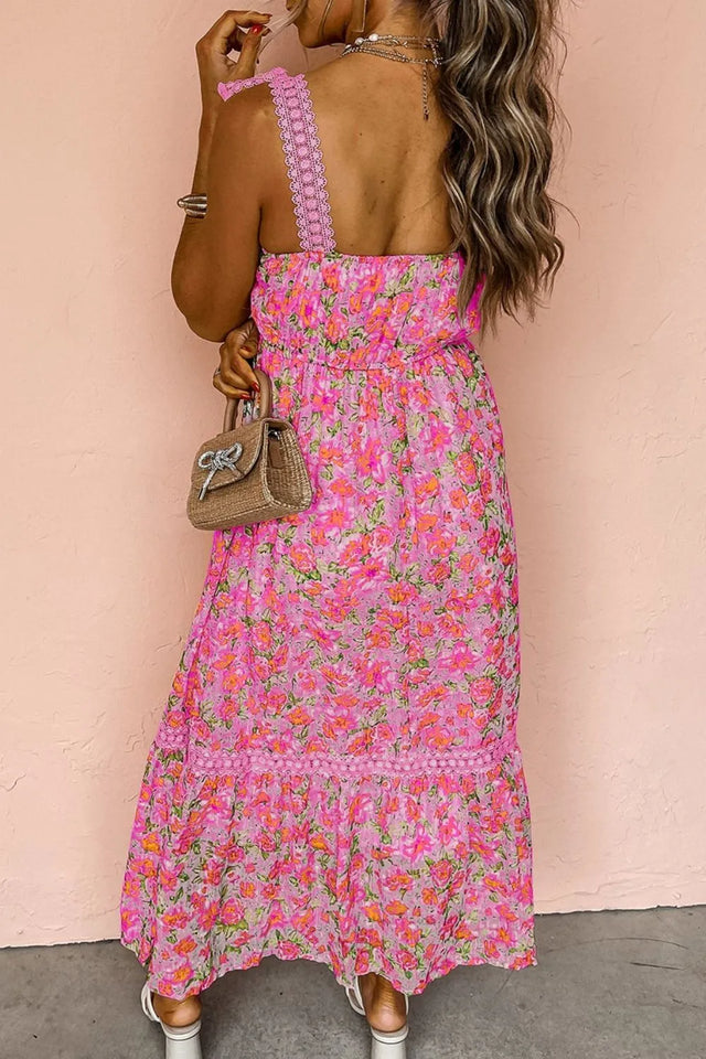 Floral Lace Wide Strap Square Neck Maxi Dress.