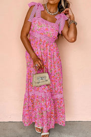 Floral Lace Wide Strap Square Neck Maxi Dress.