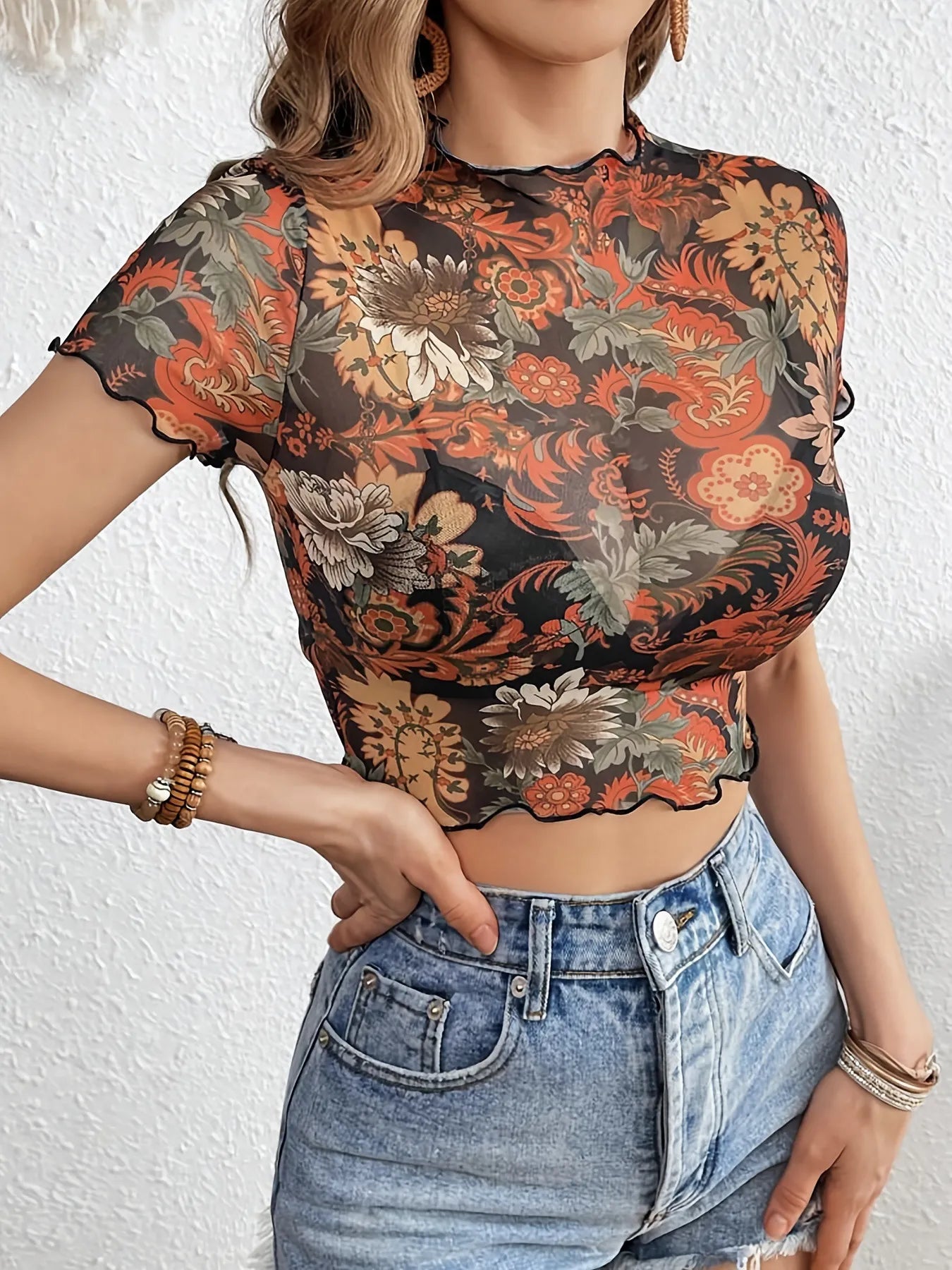 Floral Mesh Crop Top with Lettuce Trim.