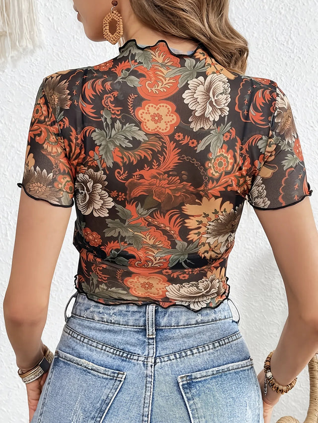 Floral Mesh Crop Top with Lettuce Trim.