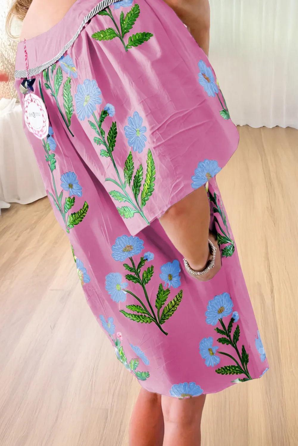 Floral Notched Summer Mini Dress with Striped Trim.