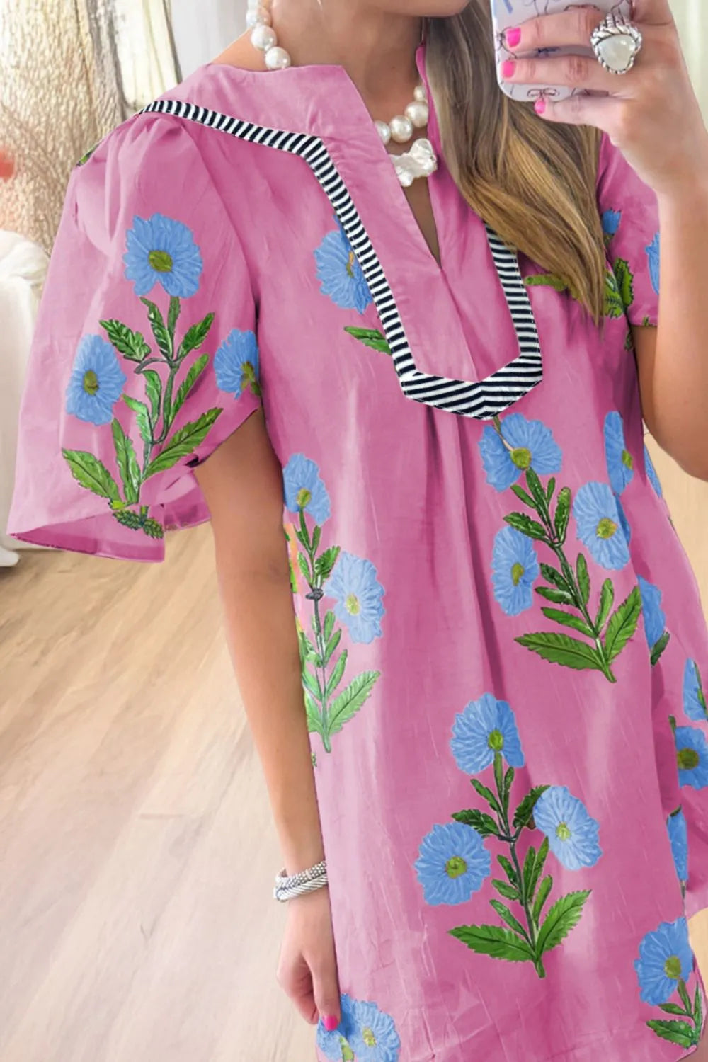 Floral Notched Summer Mini Dress with Striped Trim.