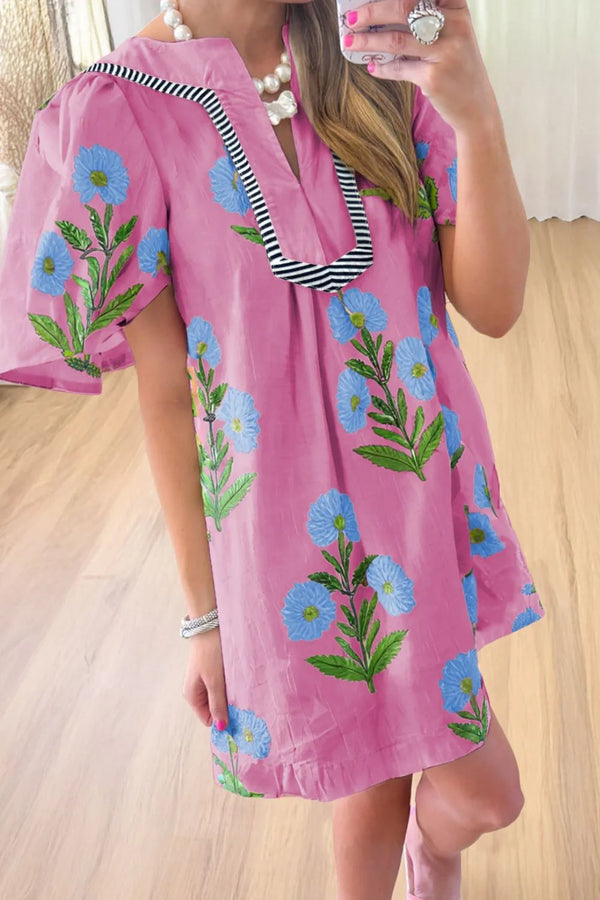 Floral Notched Summer Mini Dress with Striped Trim.