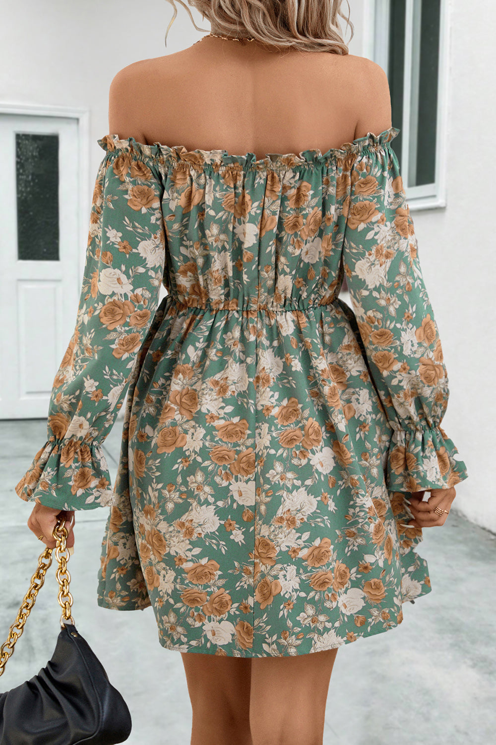 Floral Off-Shoulder Flounce Sleeve Dress.