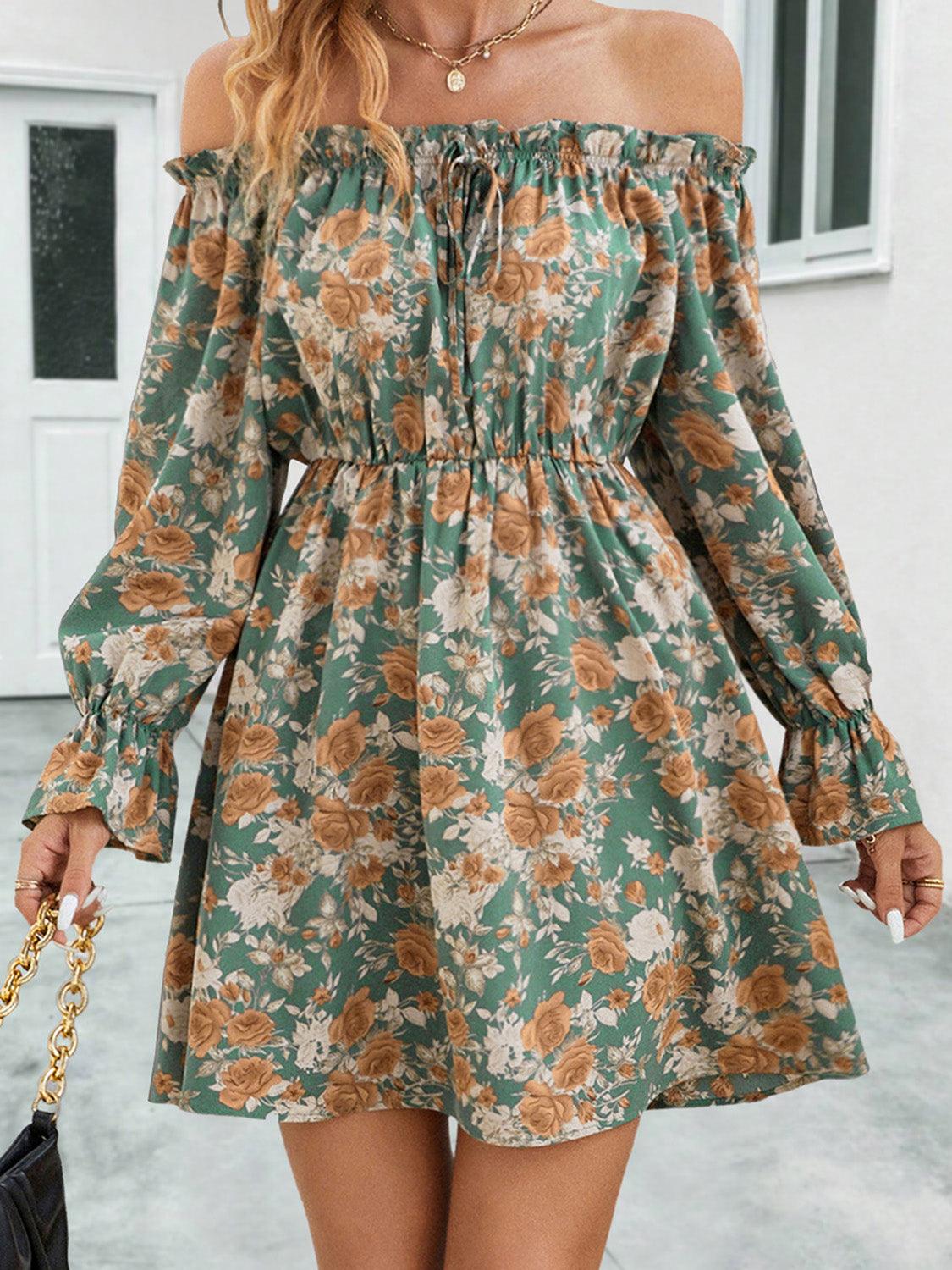 Floral Off-Shoulder Flounce Sleeve Dress.
