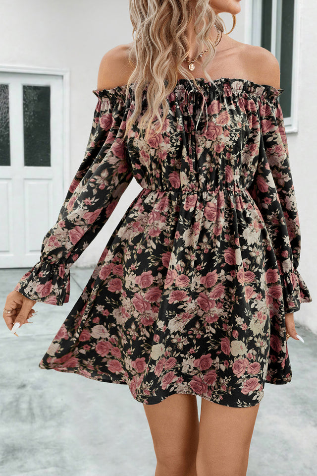 Floral Off-Shoulder Flounce Sleeve Dress.