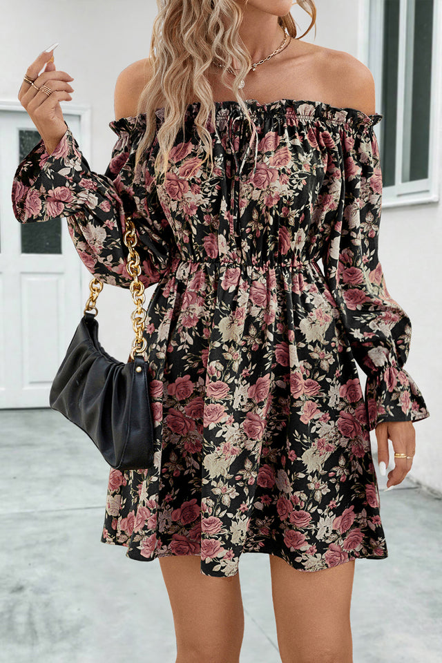 Floral Off-Shoulder Flounce Sleeve Dress.