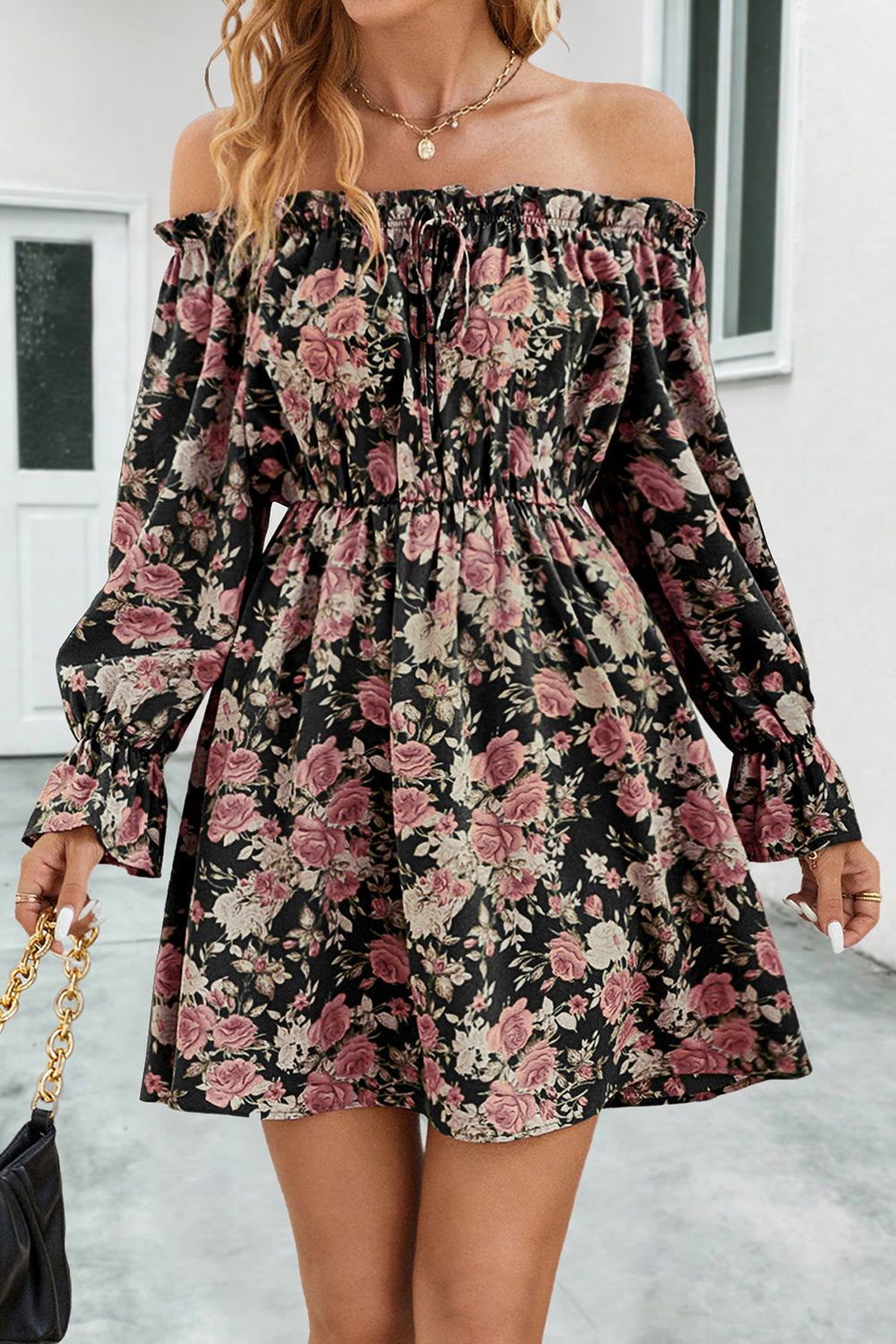 Floral Off-Shoulder Flounce Sleeve Dress.