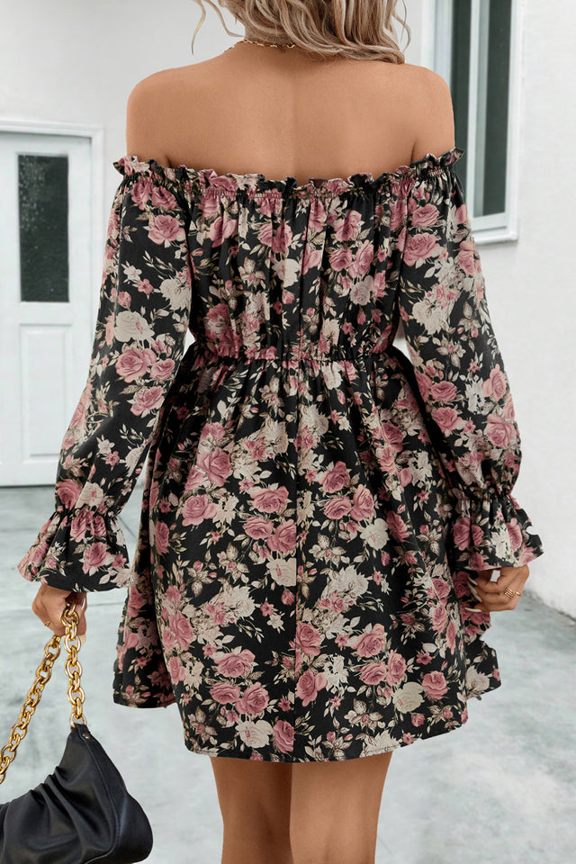 Floral Off-Shoulder Flounce Sleeve Dress.