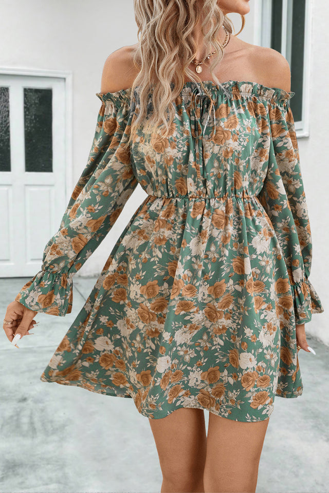 Floral Off-Shoulder Flounce Sleeve Dress.