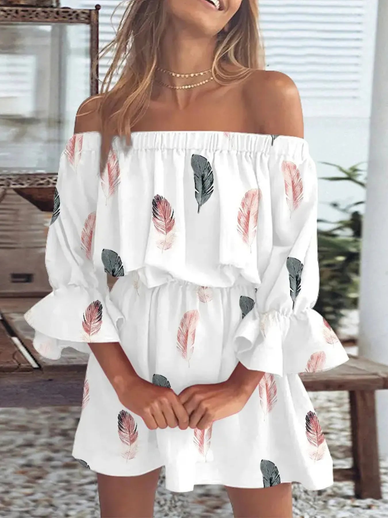 Full Size Floral Off-Shoulder Flounce Sleeve Mini Dress Plus Size.