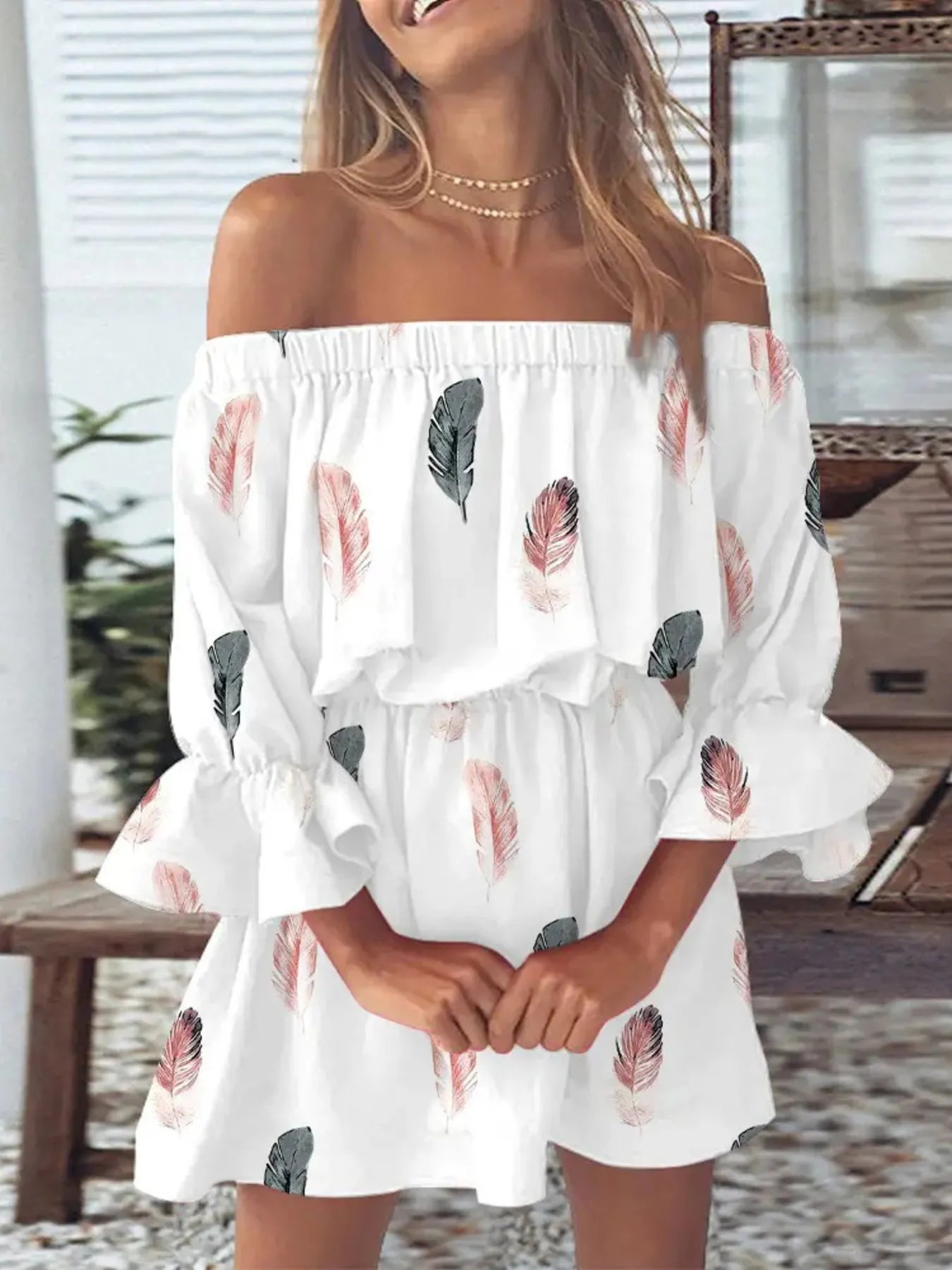 Full Size Floral Off-Shoulder Flounce Sleeve Mini Dress Plus Size.