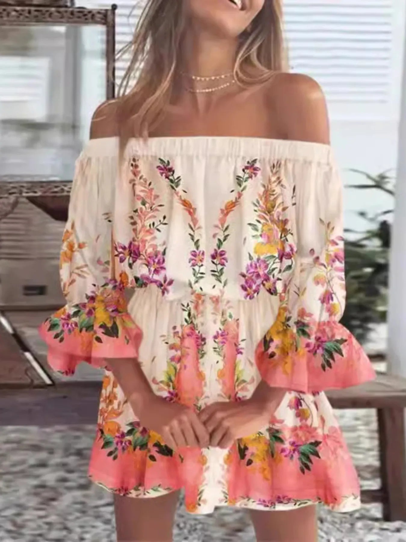 Full Size Floral Off-Shoulder Flounce Sleeve Mini Dress Plus Size.