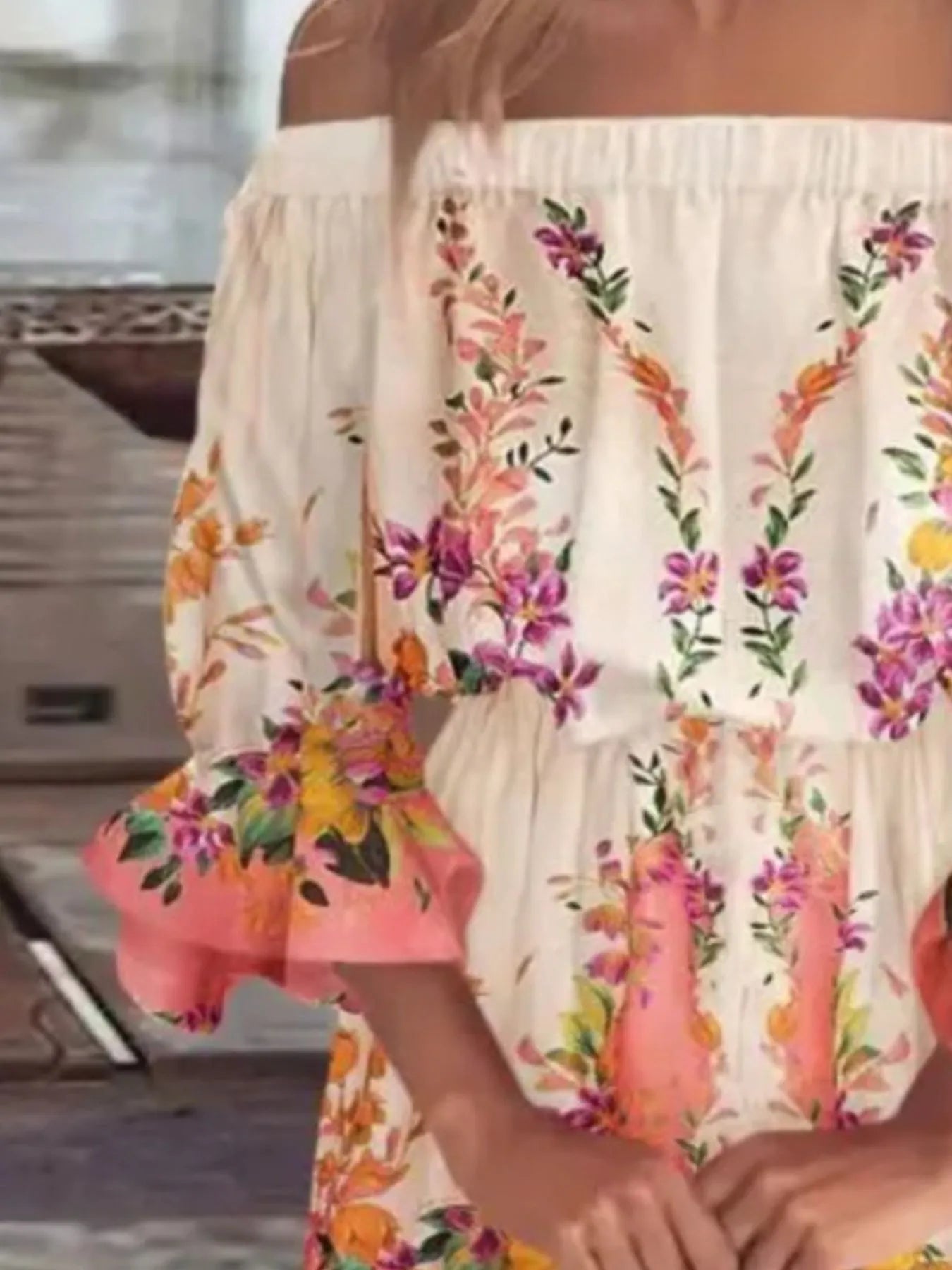 Full Size Floral Off-Shoulder Flounce Sleeve Mini Dress Plus Size.