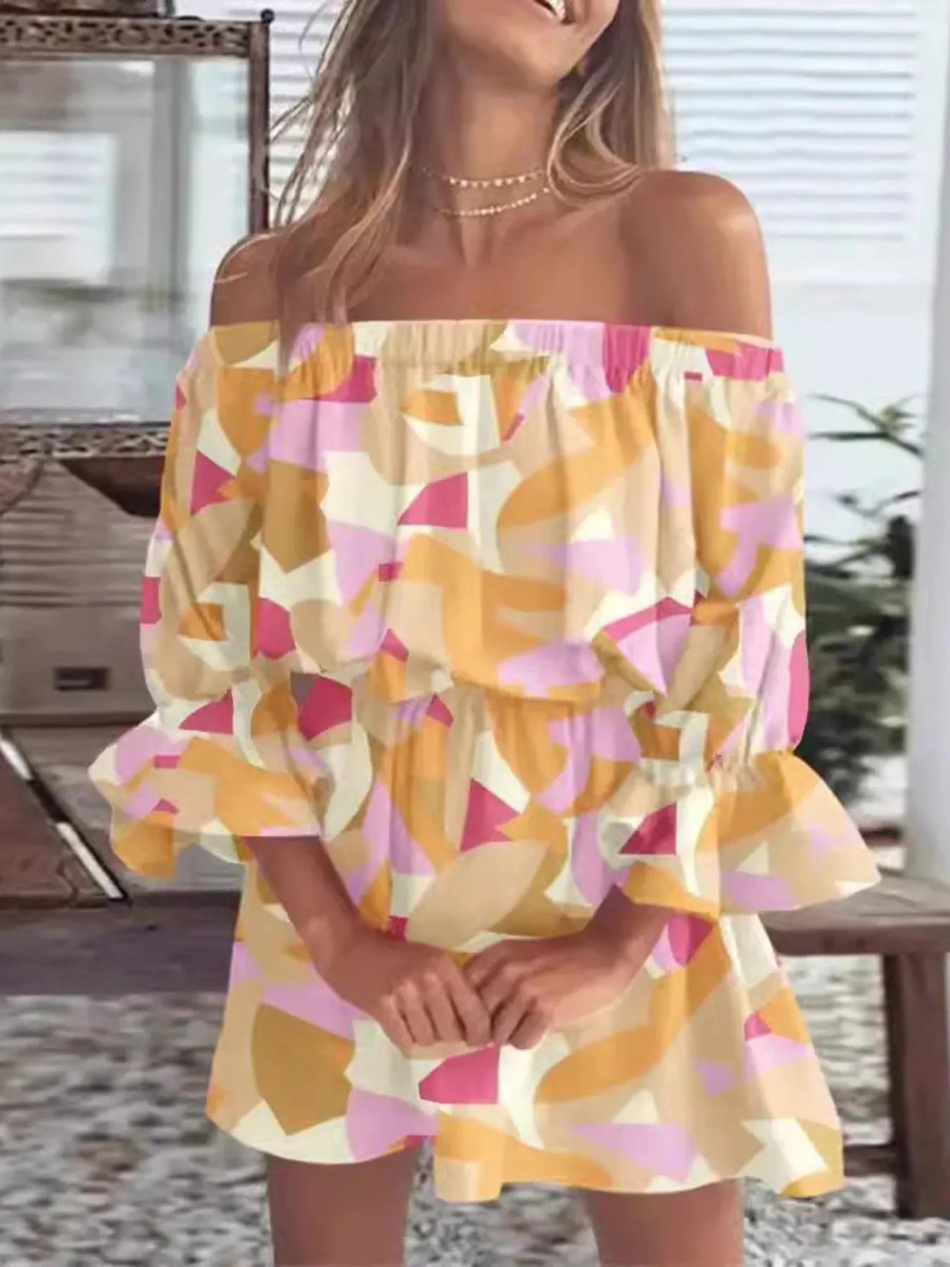 Full Size Floral Off-Shoulder Flounce Sleeve Mini Dress Plus Size.
