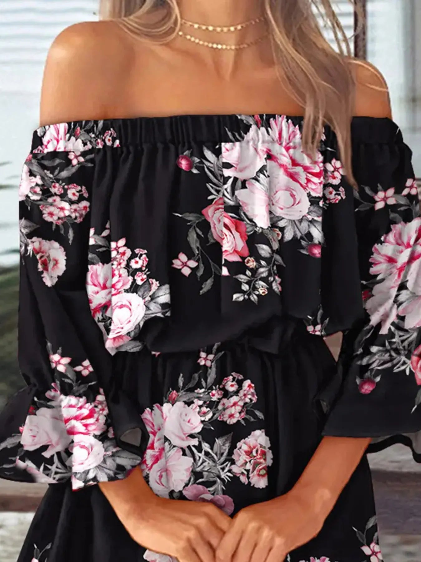 Full Size Floral Off-Shoulder Flounce Sleeve Mini Dress Plus Size.