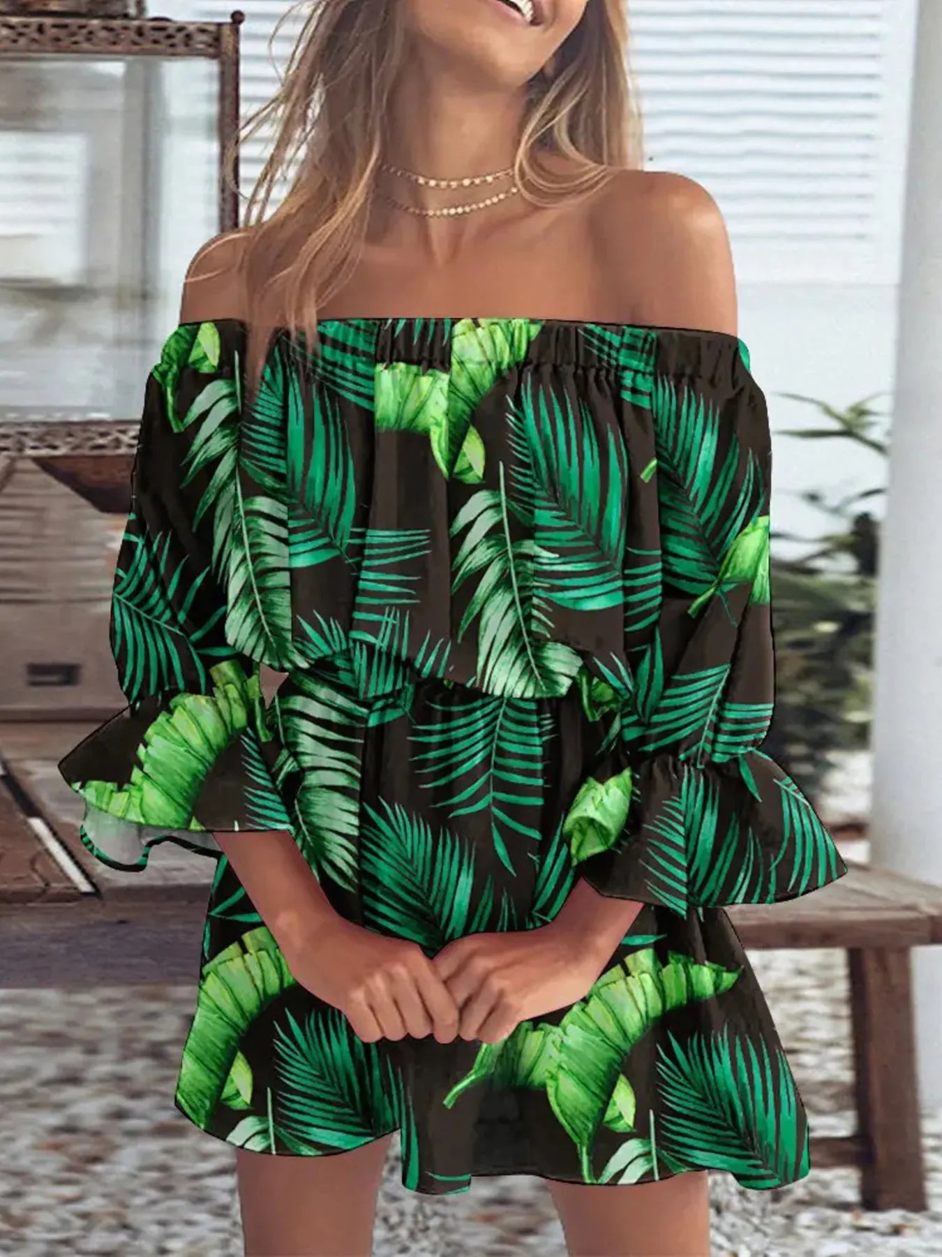 Full Size Floral Off-Shoulder Flounce Sleeve Mini Dress Plus Size.
