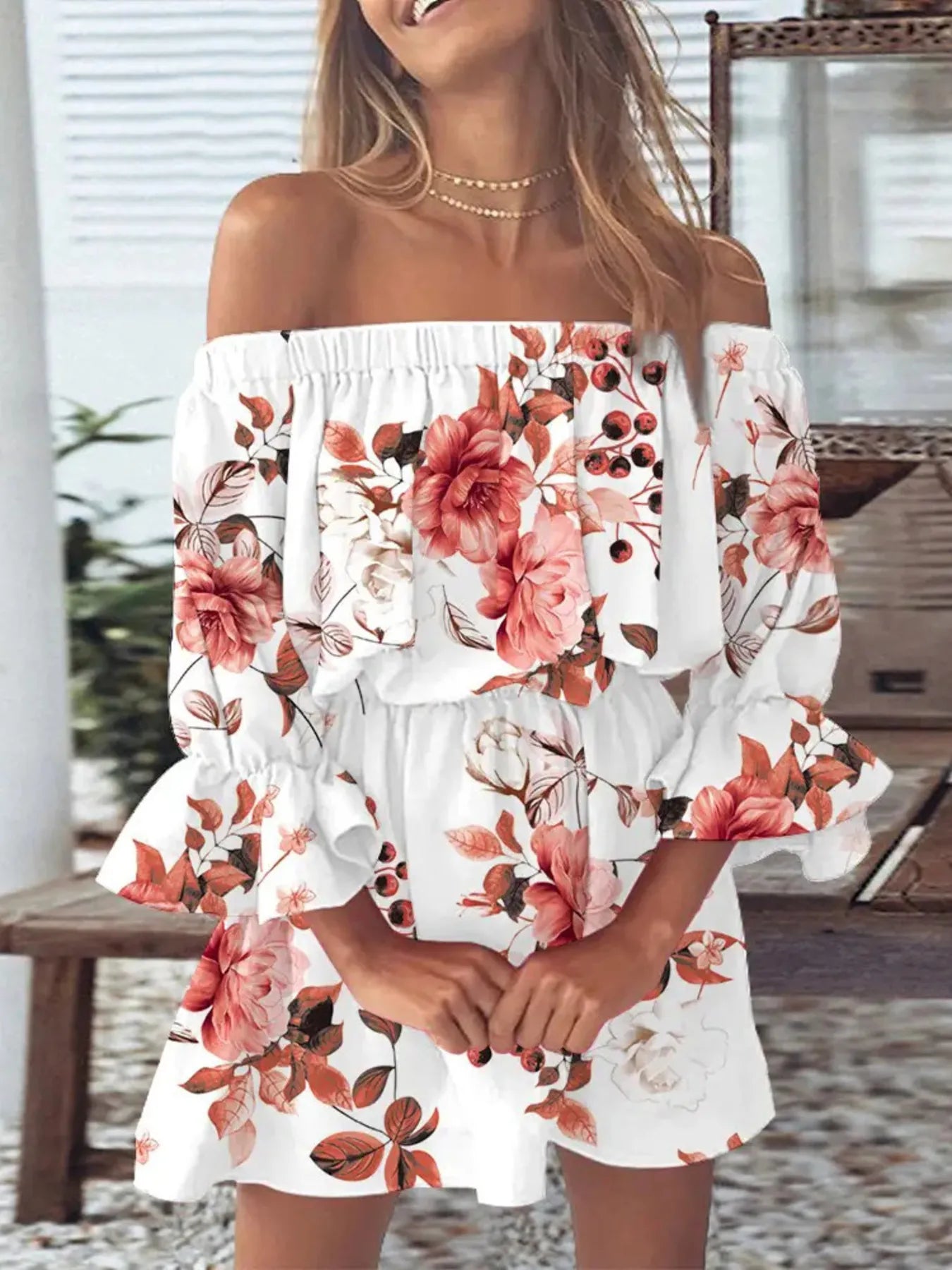 Full Size Floral Off-Shoulder Flounce Sleeve Mini Dress Plus Size.