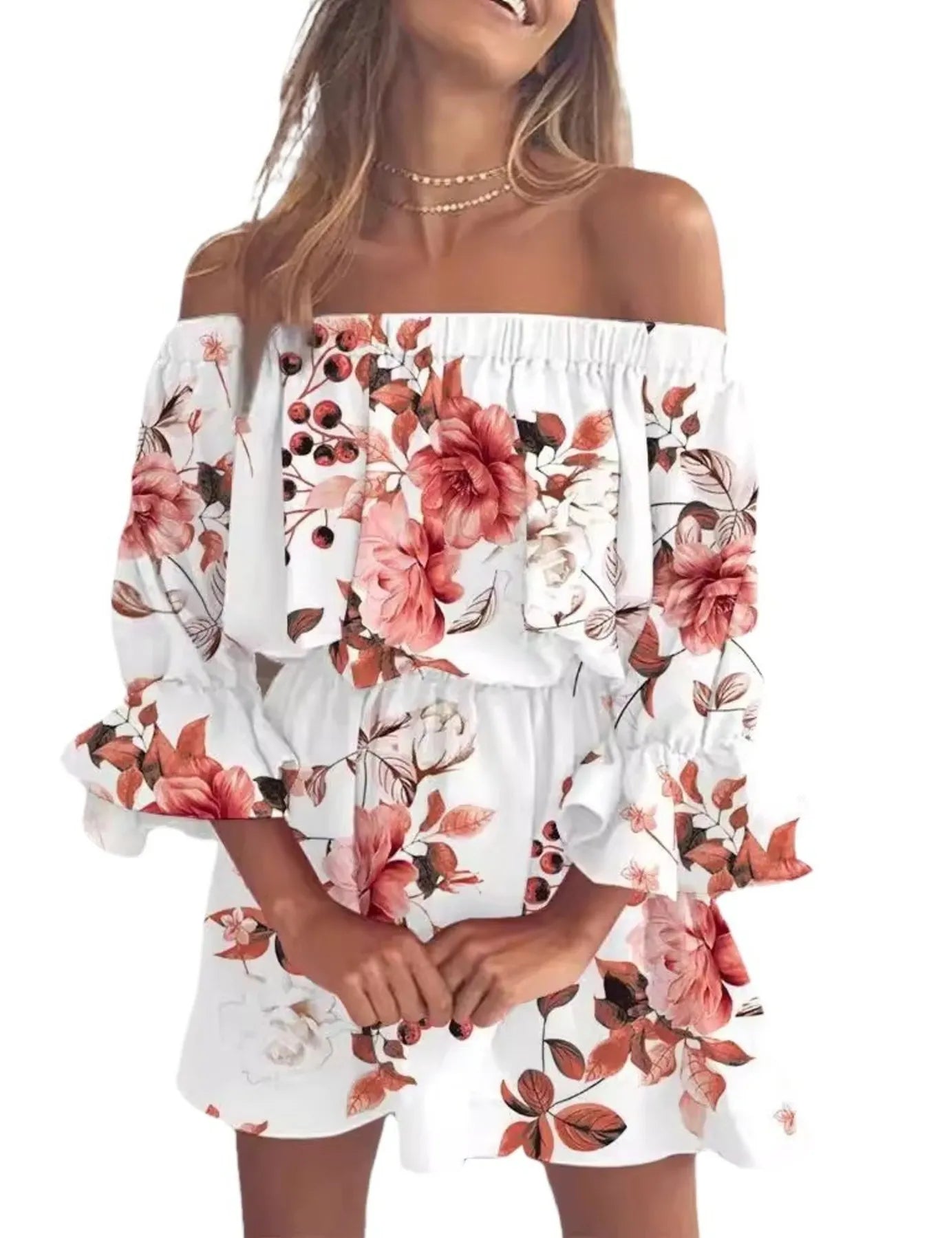 Full Size Floral Off-Shoulder Flounce Sleeve Mini Dress Plus Size.