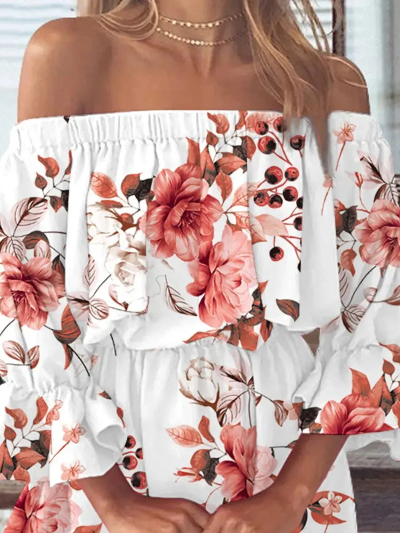 Full Size Floral Off-Shoulder Flounce Sleeve Mini Dress Plus Size.