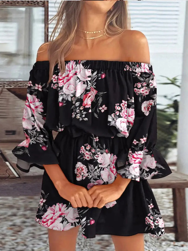Full Size Floral Off-Shoulder Flounce Sleeve Mini Dress Plus Size.