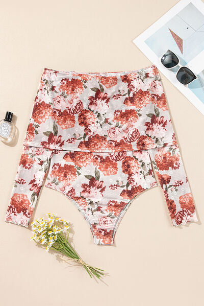 Floral off-shoulder long sleeve bodysuit.