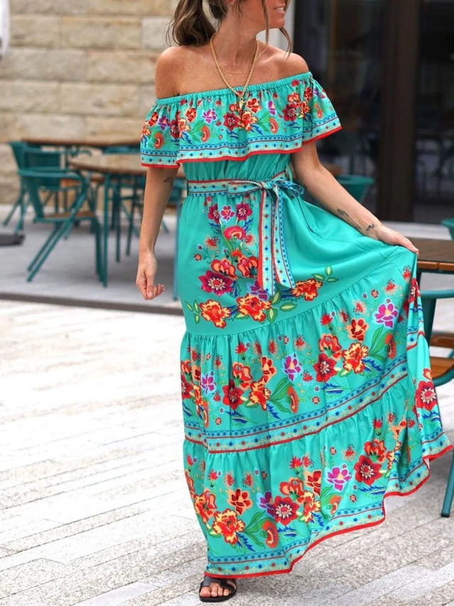 Floral Off Shoulder Ruffle Maxi Dress.