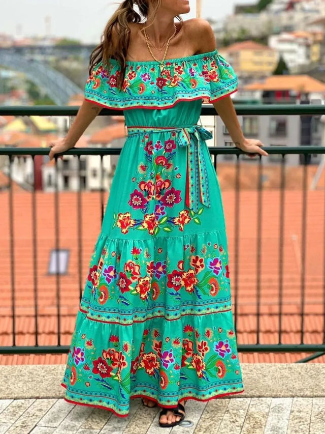 Floral Off Shoulder Ruffle Maxi Dress.
