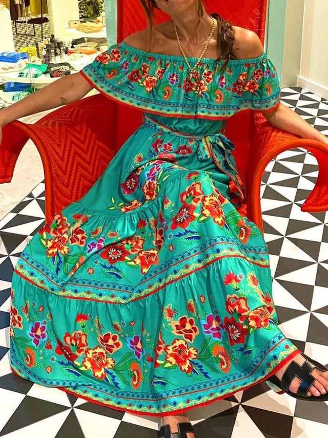 Floral Off Shoulder Ruffle Maxi Dress.