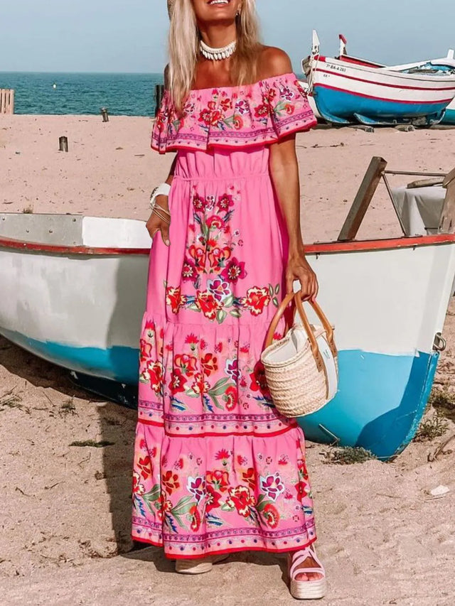 Floral Off Shoulder Ruffle Maxi Dress.
