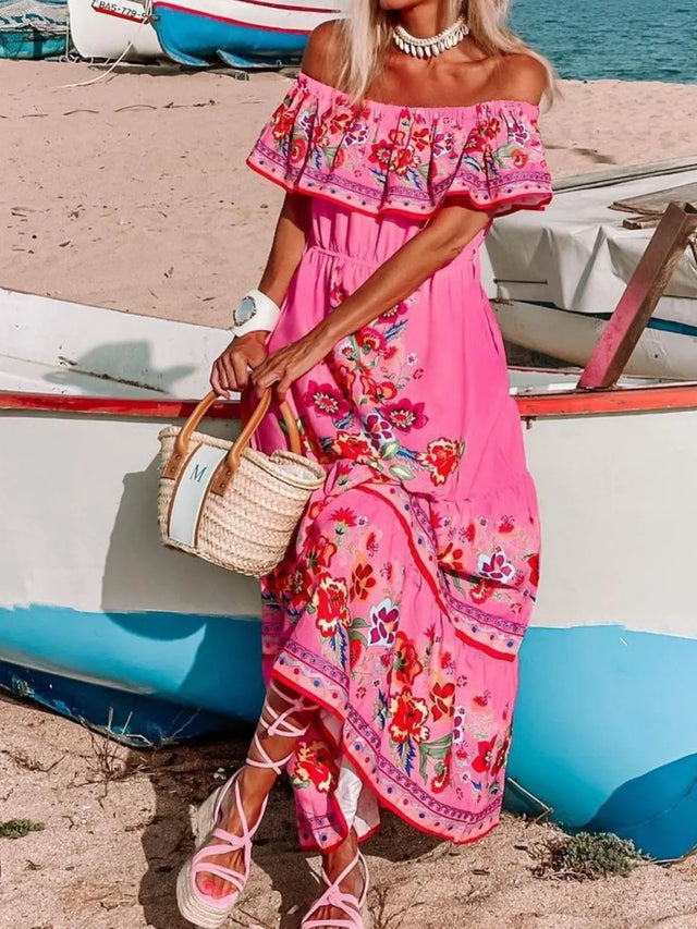 Floral Off Shoulder Ruffle Maxi Dress.
