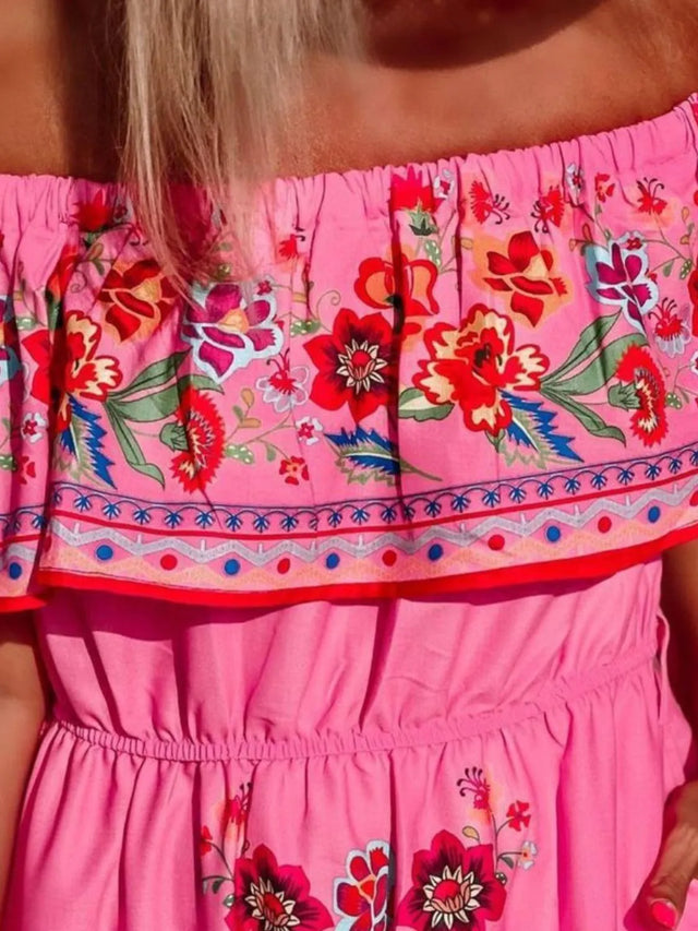 Floral Off Shoulder Ruffle Maxi Dress.