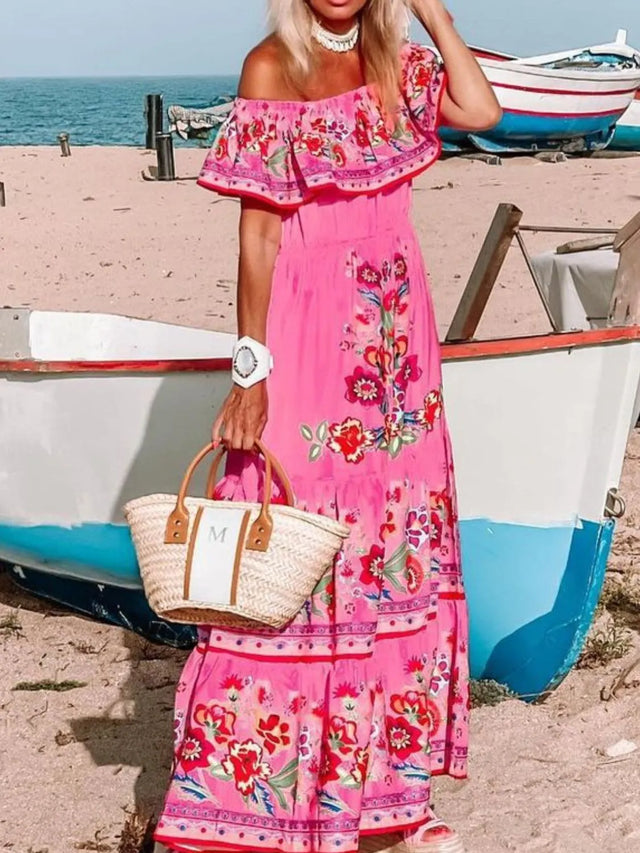 Floral Off Shoulder Ruffle Maxi Dress.