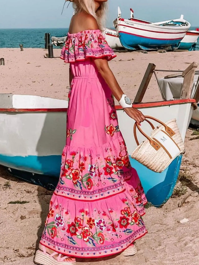 Floral Off Shoulder Ruffle Maxi Dress.