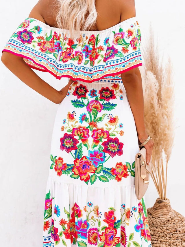 Floral Off Shoulder Ruffle Maxi Dress.