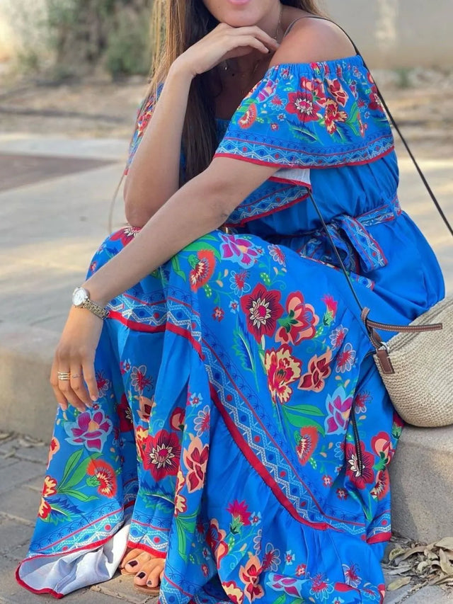 Floral Off Shoulder Ruffle Maxi Dress.