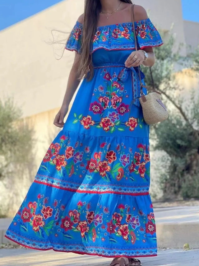 Floral Off Shoulder Ruffle Maxi Dress.